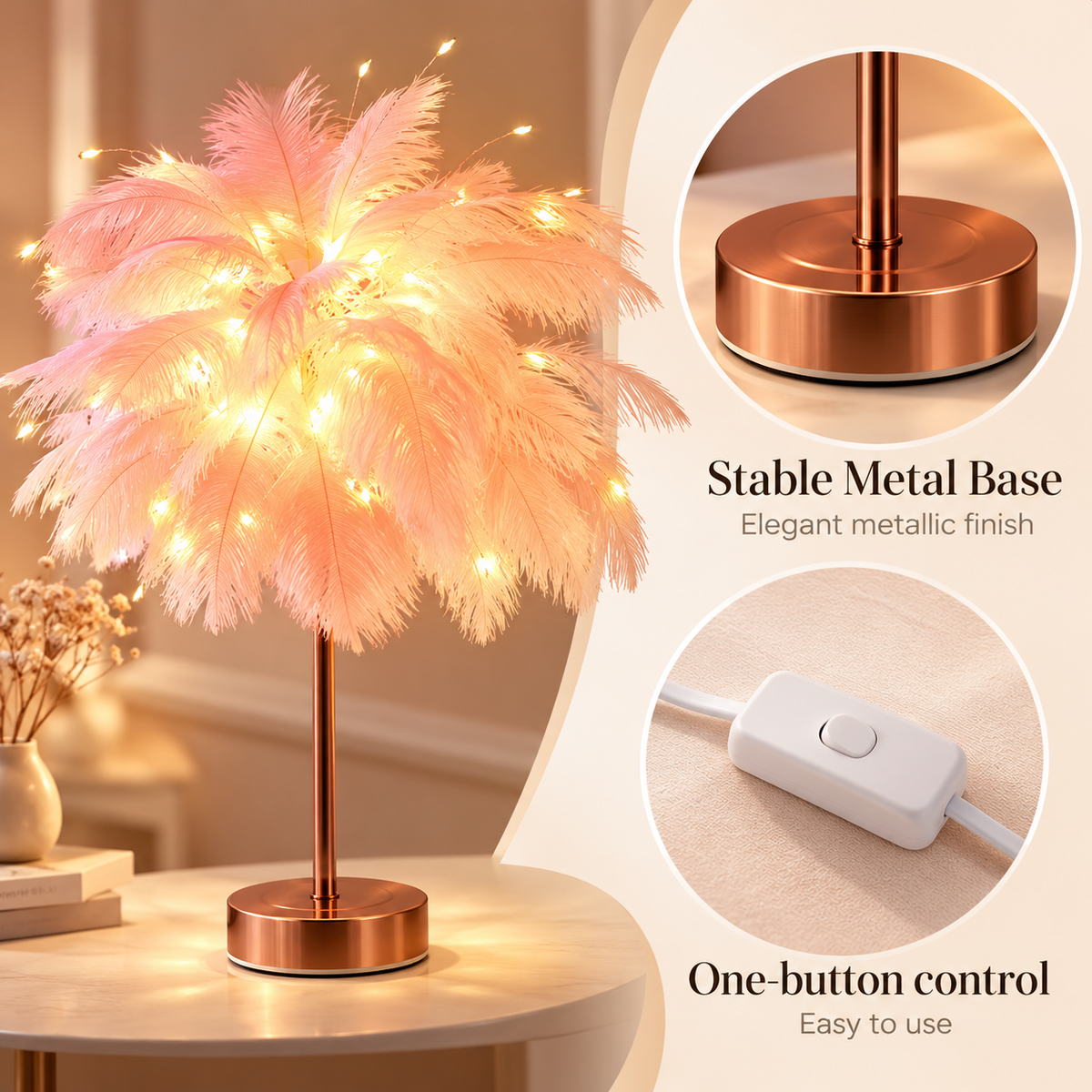 Ostrich Feather Table Lamp White, 80 Hand-Woven Natural Feathers, 3 Colour Temperature Touch Dimming, USB Rechargeable LED Bedside Lamp with Gold Metal Base