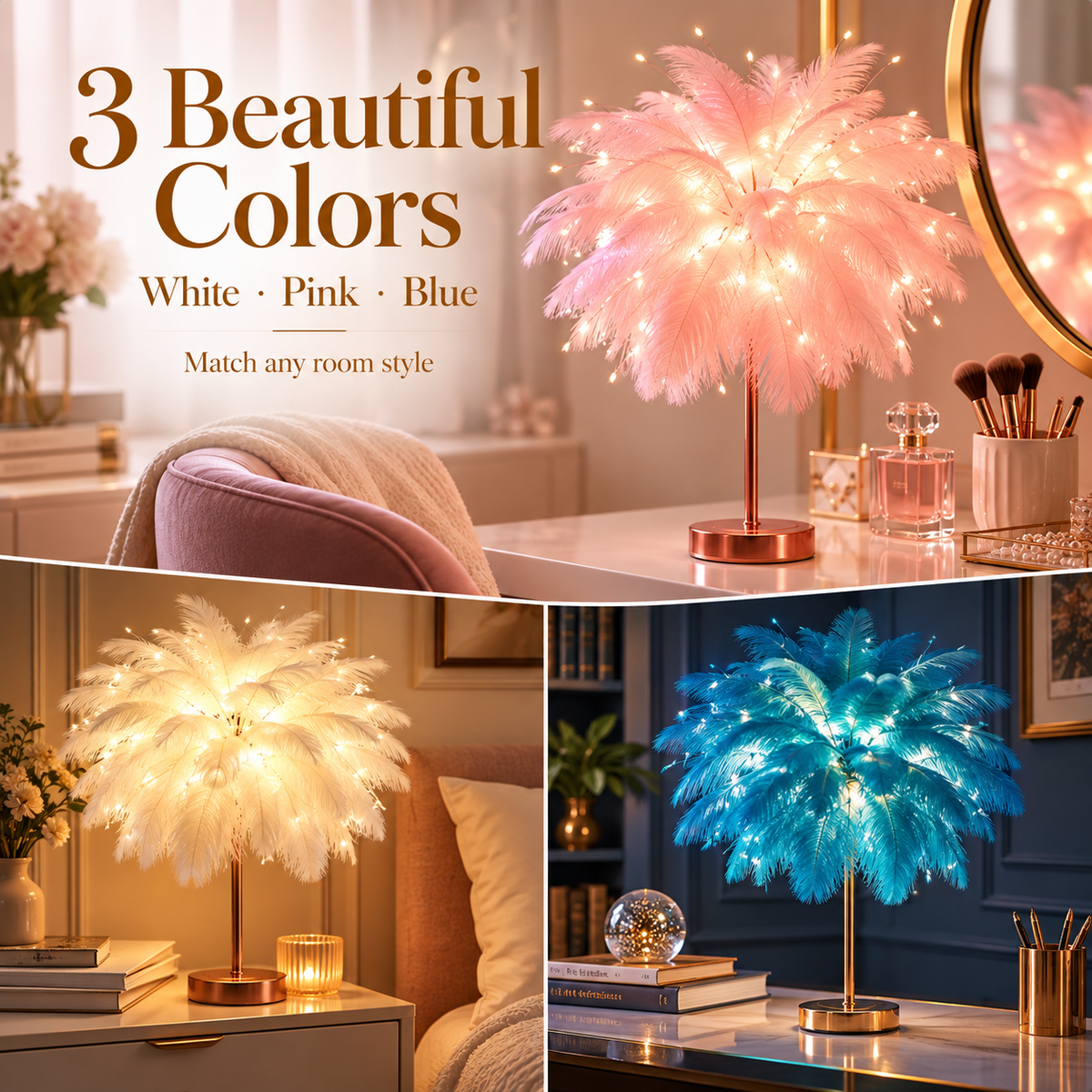 Ostrich Feather Table Lamp White, 80 Hand-Woven Natural Feathers, 3 Colour Temperature Touch Dimming, USB Rechargeable LED Bedside Lamp with Gold Metal Base