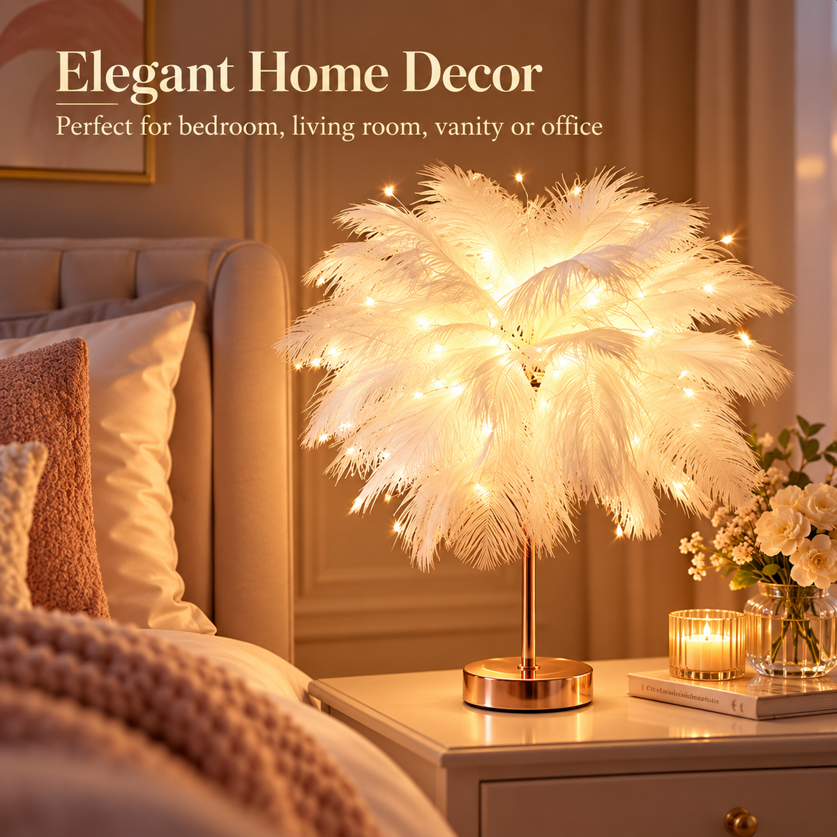Ostrich Feather Table Lamp Pink, 80 Hand-Woven Natural Feathers, 3 Colour Temperature Touch Dimming, USB Rechargeable LED Bedside Lamp with Gold Metal Base