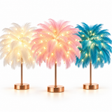 Ostrich Feather Table Lamp Blue, 80 Hand-Woven Natural Feathers, 3 Colour Temperature Touch Dimming, USB Rechargeable LED Bedside Lamp with Gold Metal Base