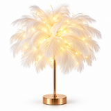 Ostrich Feather Table Lamp Blue, 80 Hand-Woven Natural Feathers, 3 Colour Temperature Touch Dimming, USB Rechargeable LED Bedside Lamp with Gold Metal Base
