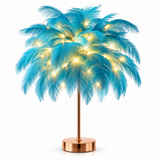 Ostrich Feather Table Lamp Blue, 80 Hand-Woven Natural Feathers, 3 Colour Temperature Touch Dimming, USB Rechargeable LED Bedside Lamp with Gold Metal Base