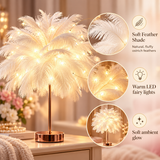 Ostrich Feather Table Lamp Blue, 80 Hand-Woven Natural Feathers, 3 Colour Temperature Touch Dimming, USB Rechargeable LED Bedside Lamp with Gold Metal Base