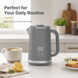 Gray electric kettle, 1.7L stainless steel kettle, 1500W rapid heating, with LED display, adjustable temperature, double-walled anti-scalding design, automatic power-off function, black.