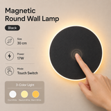 Magnetic Round Wall Lamp 30cm Black, 17W Rechargeable LED Wall Sconce with Touch Control, 3-Color Light, Battery Powered Modern Disc Wall Light for Bedroom Hallway Living Room