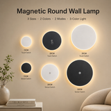 Magnetic Round Wall Lamp 30cm Black, 17W Rechargeable LED Wall Sconce with Touch Control, 3-Color Light, Battery Powered Modern Disc Wall Light for Bedroom Hallway Living Room