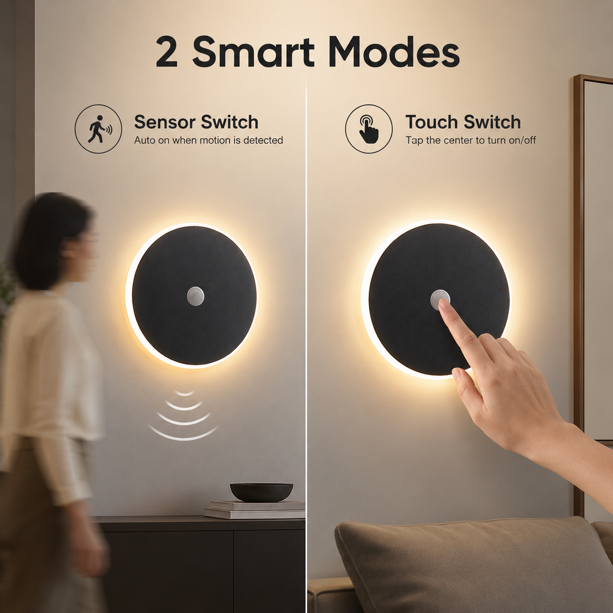 Magnetic Round Wall Lamp 13cm Black, 7W Rechargeable LED Wall Sconce with Motion Sensor, 3-Color Light, Battery Powered Modern Disc Wall Light for Hallway Entryway Bedroom