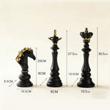 Luxury Resin Chess Piece Statues Set of 3 - King, Queen & Knight Horse Head Sculptures with Gold Trim - Classic Strategy Game Art Decor for Living Room, Study, Office & Bar Cabinet（Black）