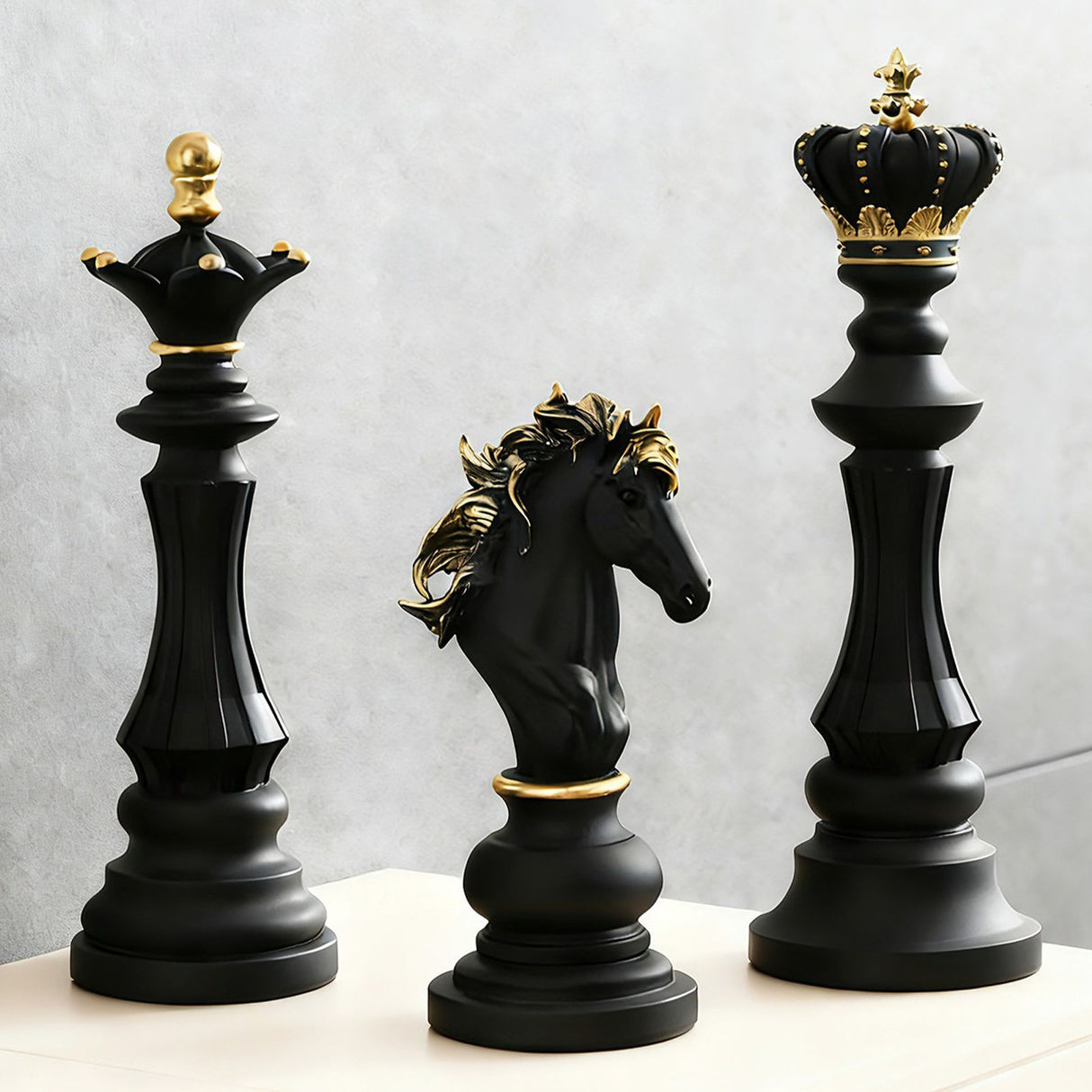 Luxury Resin Chess Piece Statues Set of 3 - King, Queen & Knight Horse Head Sculptures with Gold Trim - Classic Strategy Game Art Decor for Living Room, Study, Office & Bar Cabinet（Black）