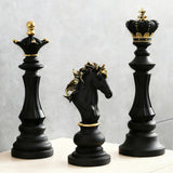 Luxury Resin Chess Piece Statues Set of 3 - King, Queen & Knight Horse Head Sculptures with Gold Trim - Classic Strategy Game Art Decor for Living Room, Study, Office & Bar Cabinet（Black）