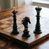 Luxury Resin Chess Piece Statues Set of 3 - King, Queen & Knight Horse Head Sculptures with Gold Trim - Classic Strategy Game Art Decor for Living Room, Study, Office & Bar Cabinet（Black）