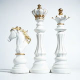Luxury Resin Chess Piece Statues Set of 3 - King, Queen & Knight Horse Head Sculptures with Gold Trim - Classic Strategy Game Art Decor for Living Room, Study, Office & Bar Cabinet（White）