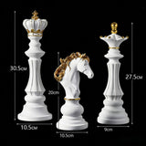 Luxury Resin Chess Piece Statues Set of 3 - King, Queen & Knight Horse Head Sculptures with Gold Trim - Classic Strategy Game Art Decor for Living Room, Study, Office & Bar Cabinet（White）
