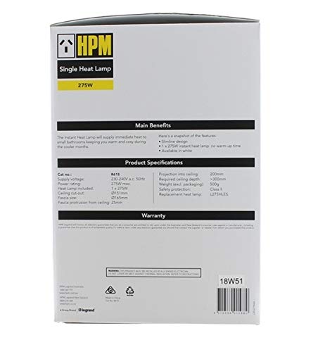 HPM 275W Round Bathroom Heater Single Lamp, 170 mm Fascia Size,White