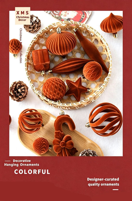 Ins Aesthetic Flocked Assorted Christmas Bauble Set, Trendy Christmas Tree Hanging Ornaments, Burgundy 28 Pack Gift Box