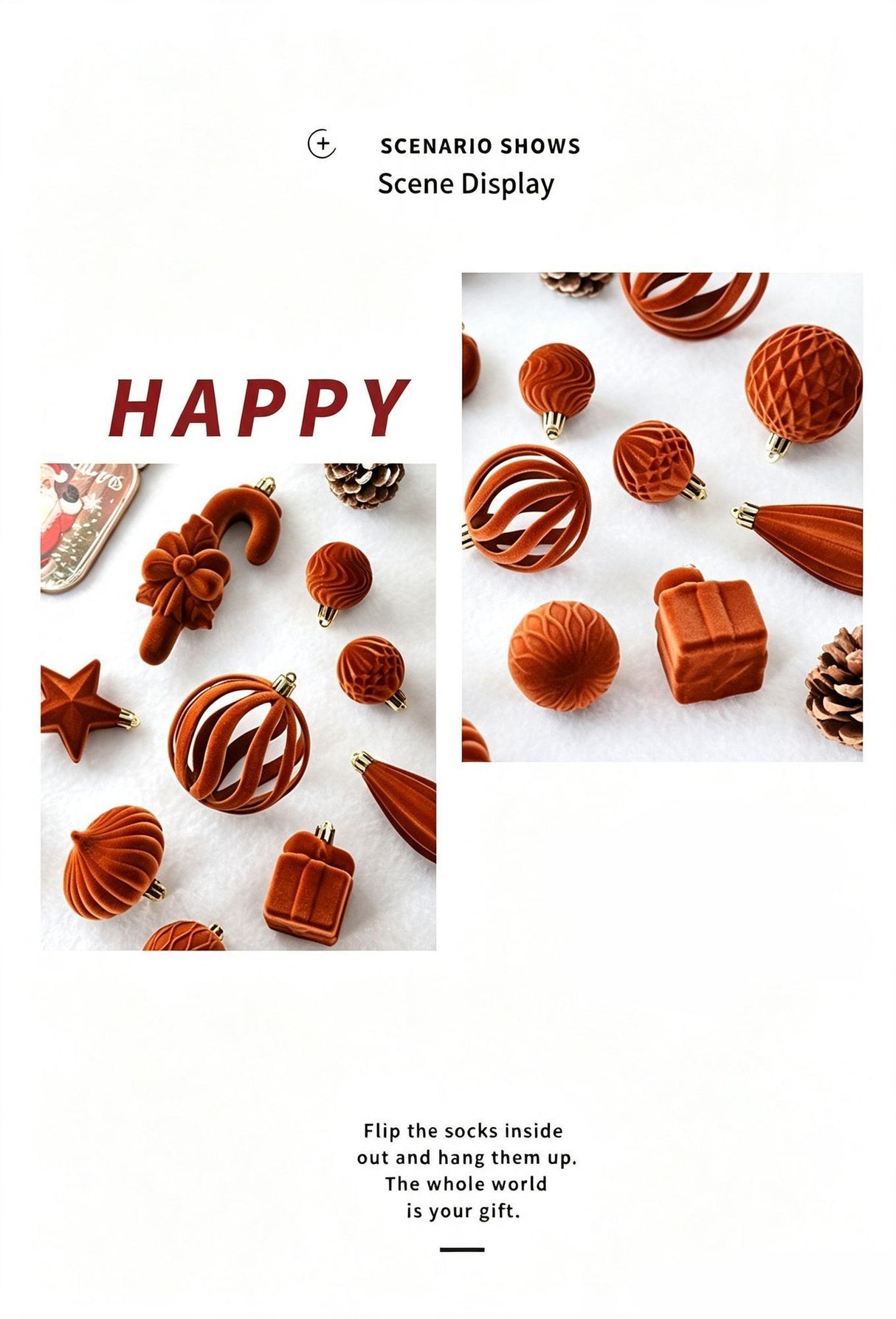 Flocked Irregular Christmas Bauble Ornaments, Minimalist Ins Xmas Tree Hanging Decor, Camel Tone 28 Pack Gift Box