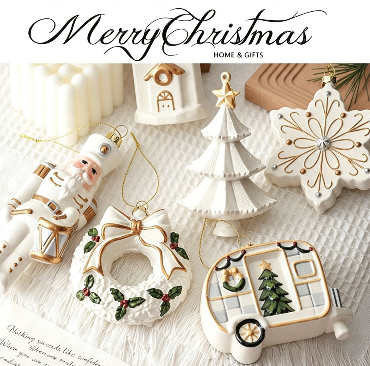 White & Gold 6 Pieces Assorted Hanging Ornament Set, Mixed Designs For Christmas & Halloween Scene Decoration