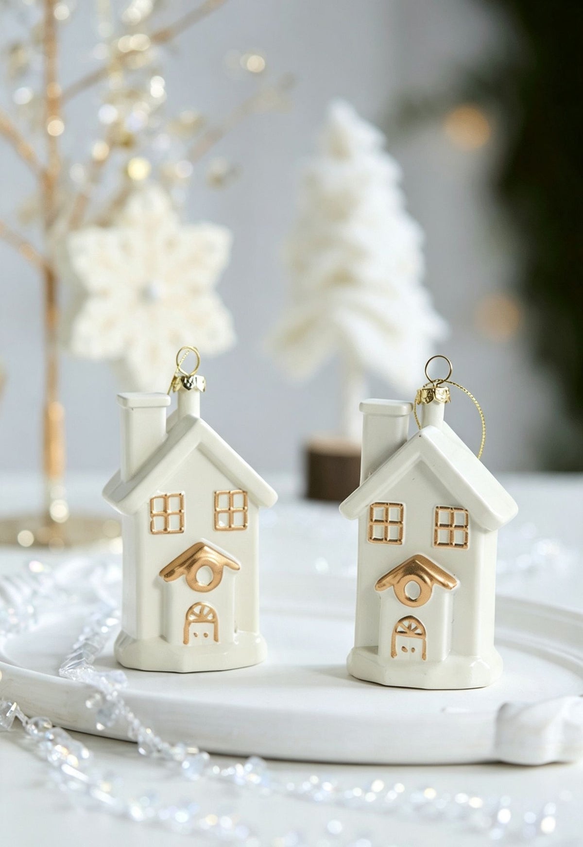 White & Gold 6 Pieces Assorted Hanging Ornament Set, Mixed Designs For Christmas & Halloween Scene Decoration
