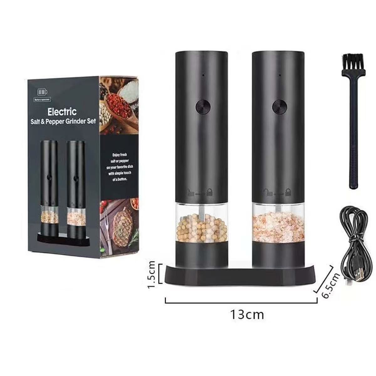 Rechargeable Black 2-Pack | Electric Pepper Salt Grinder Set | Christmas Family Feast Gift | Complete Set with Storage Base Cleaning Brush & Charging Cable