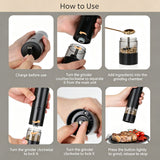 Rechargeable Black 2-Pack | Electric Pepper Salt Grinder Set | Christmas Family Feast Gift | Complete Set with Storage Base Cleaning Brush & Charging Cable
