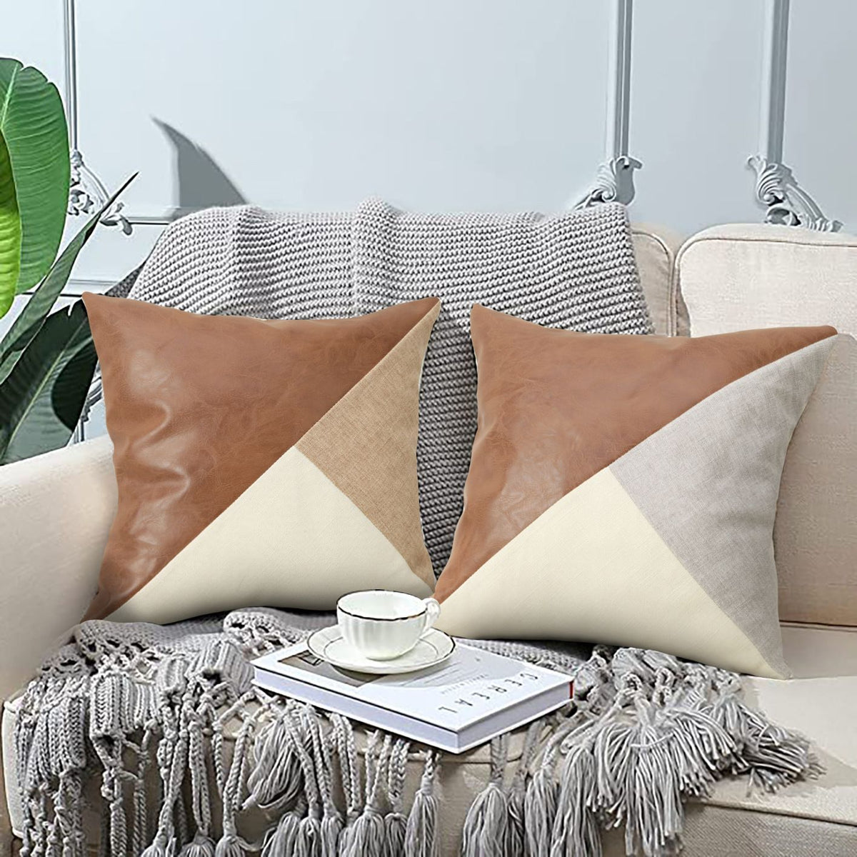 Grey Leather Splicing Throw Pillow Covers 2Pcs 45x45cm Soft Cushion Case for Living Room Car Interior Holiday Gift