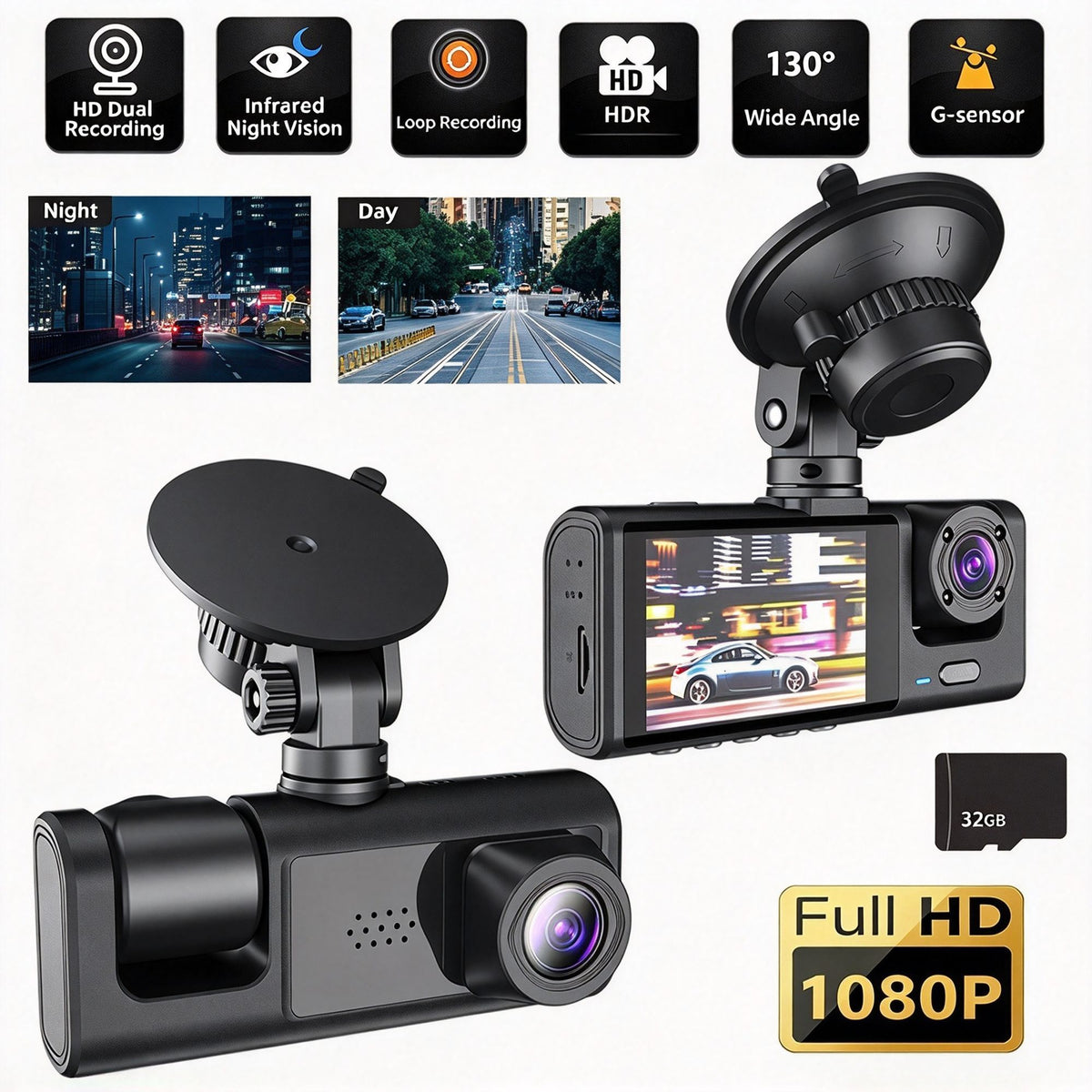 2‑Inch Screen HD Car Dash Cam Dual Front & Interior Lens With 32G Memory Card Night Vision Parking Monitor Mobile Recording, Practical Holiday Gift For Car Owners Halloween Christmas Car Gadget
