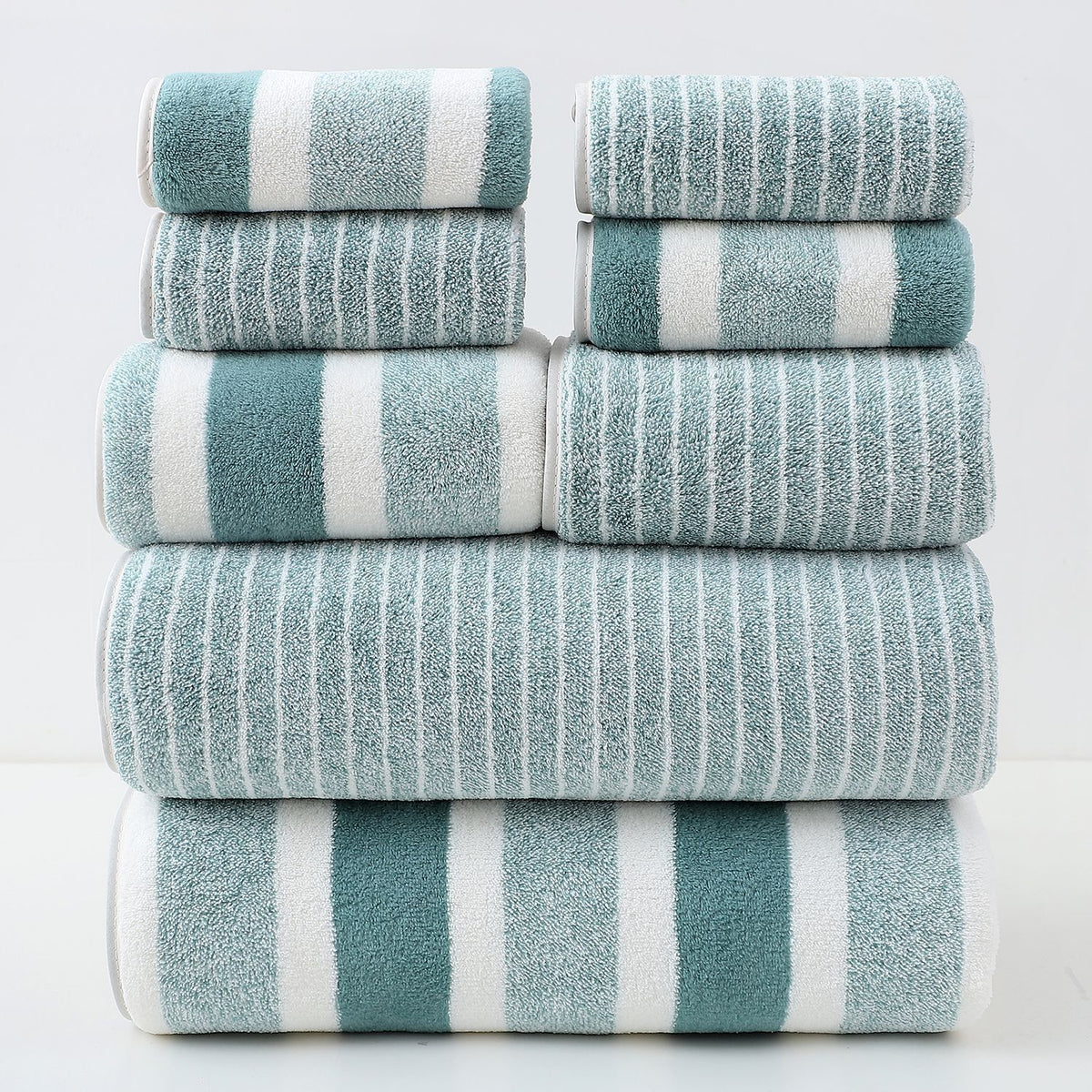 Quick Dry Cotton Towel Bundle 8 Piece Dark Green Star Print Wide Stripe Bath Towel Hand Towel Face Washer Home Shower Spa