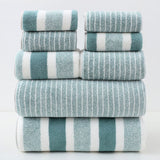 Quick Dry Cotton Towel Bundle 8 Piece Dark Green Star Print Wide Stripe Bath Towel Hand Towel Face Washer Home Shower Spa