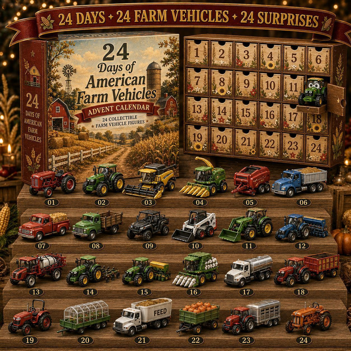 Farm Vehicle Blind Box Advent Calendar 24 Pull-Out Drawers Windmill Barn Scene 26x18x3cm 3mm Acrylic Stand Xmas Countdown
