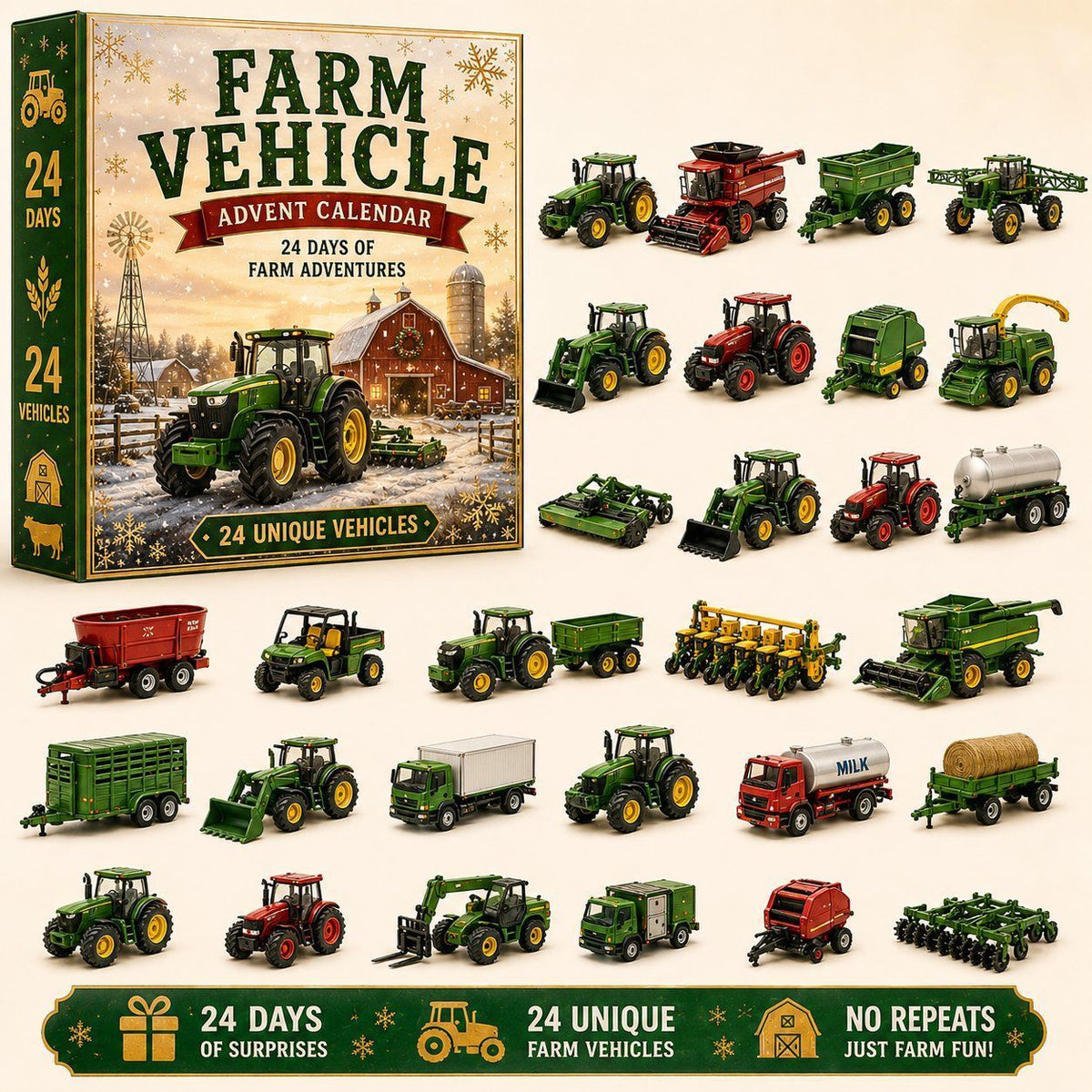 Snowy Farm Machinery Collection Advent Box 24 Distinct Tractor Loader Models 26x18x3cm 3mm Acrylic Frame Xmas Countdown Present