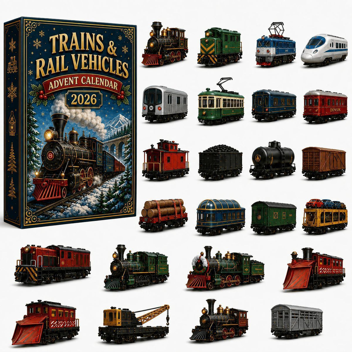 Winter Train Blind Box Calendar Style B 24 Miniature Rail Cars Wagons Tankers Locomotives 26x18x3cm 3mm Acrylic Board Xmas Gift