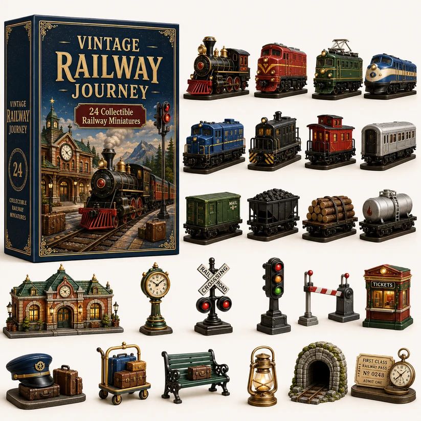 Surprise-A-Day Station Scenery Kit Vintage Train Blind Box 26x18x3cm 3mm Acrylic Cutouts 24 Rail Miniatures Countdown Gift
