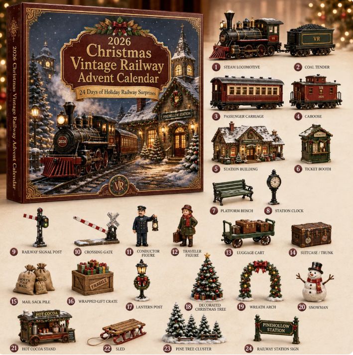 Vintage Train Blind Box Christmas Countdown 24 Acrylic Railway Figurines Station Snowman Sled Steam Loco 26x18x3cm 3mm Xmas Gift