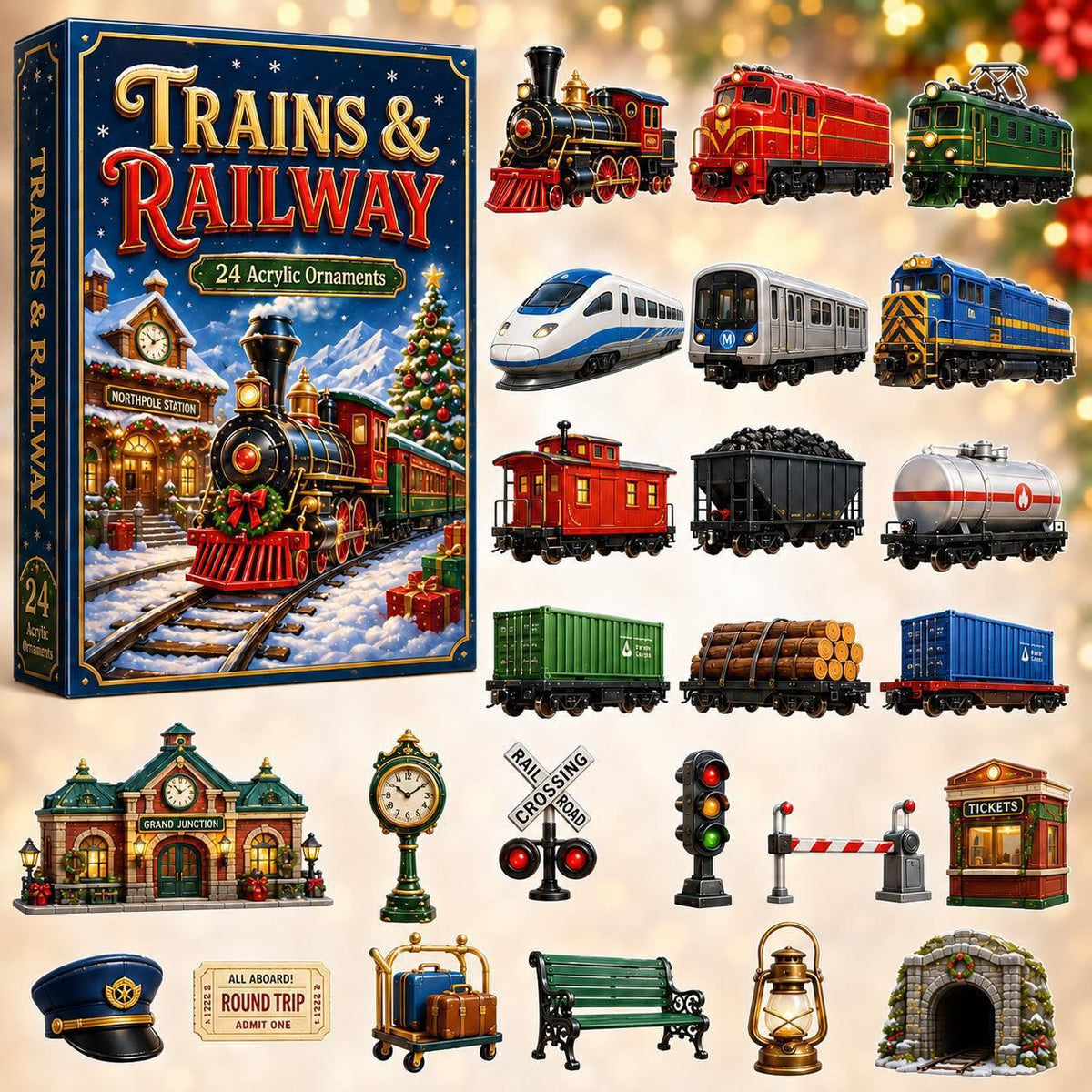 Countdown to Christmas Rail Station Playbox 24 Reveal Windows High-Speed Train Blind Box 26x18x3cm 3mm Acrylic Ornaments Set