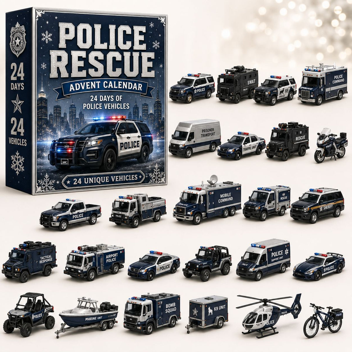 Police Rescue Countdown Calendar 24 Mini Cruisers SWAT Van Helicopter Boat Models Blue Kit 26x18x3cm 3mm Acrylic Stand Festive Surprise