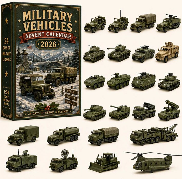 Military Vehicle Blind Box Advent Calendar 1:64 Die-Cast Armoured Corps 24-Day Reveal Set 26x18x3cm 3mm Acrylic Accessories Gift for Him