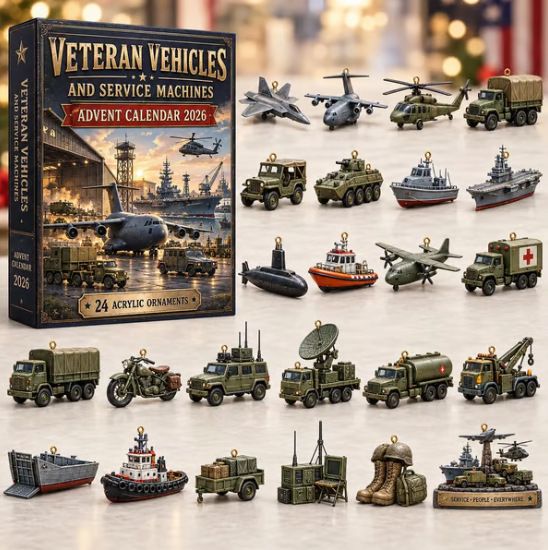 Veteran Vehicles Military Model Ornament Collection 24 Acrylic Charms Army Tank Jet Chopper Truck Countdown Display Box 26x18x3cm 3mm Gift for Him
