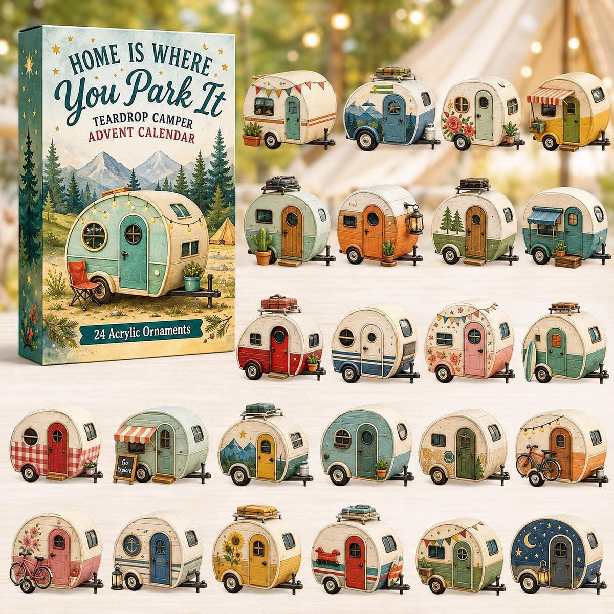 Home Is Where You Park It Teardrop Camper Caravan Ornament Collection 24 Pcs 26x18x3cm 3mm Acrylic Tabletop Countdown Display Xmas Gift