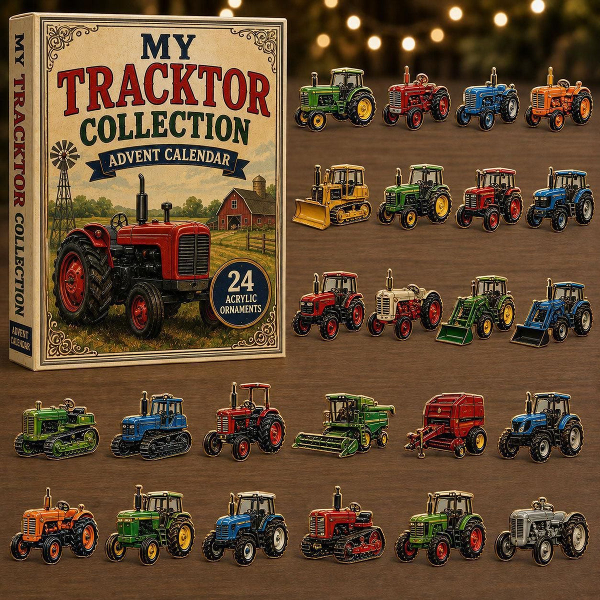 Collector's Tractor Checklist Advent Box 24 Flat Acrylic Farm Machine Ornaments 26x18x3cm 3mm Rustic Windmill Artwork Holiday Surprise
