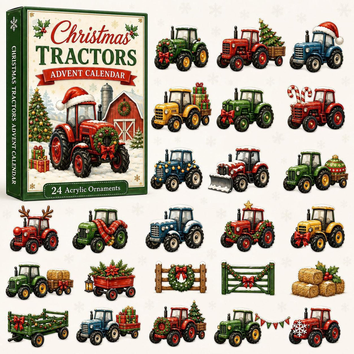 Style C Tractor Holiday Countdown Craft Kit 24 Flat 3mm Acrylic Ornaments 26x18x3cm Tabletop Charm Reveal Board Display Decor Gift