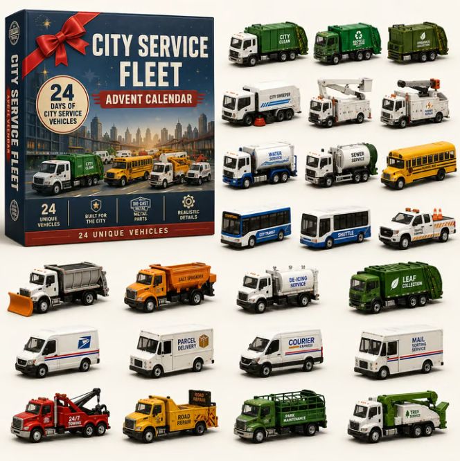 Municipal Works Vehicle Countdown Box 24 Die-Cast Trucks Garbage Bus Sweeper Mail Van Models 26x18x3cm 3mm Acrylic Plates Gift