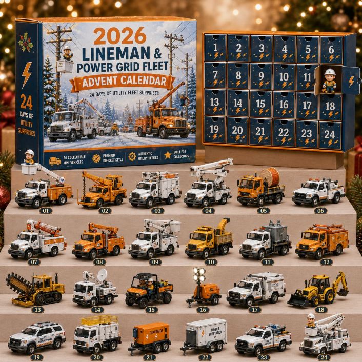 Lineman Bucket Truck & Utility Pole Crew 24-Piece Countdown Collection Power Grid Utility Fleet 26x18x3cm 3mm Acrylic Panels Festive Gift