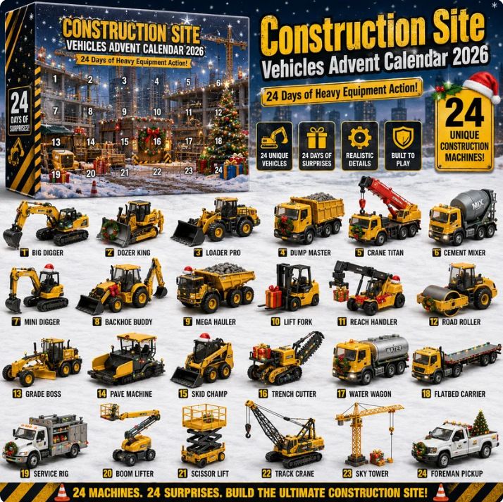 Build the Ultimate Construction Site 2026 Advent Blind Box 24 Heavy Machines Dozer Crane Mixer 26x18x3cm 3mm Acrylic Kit Xmas Gift