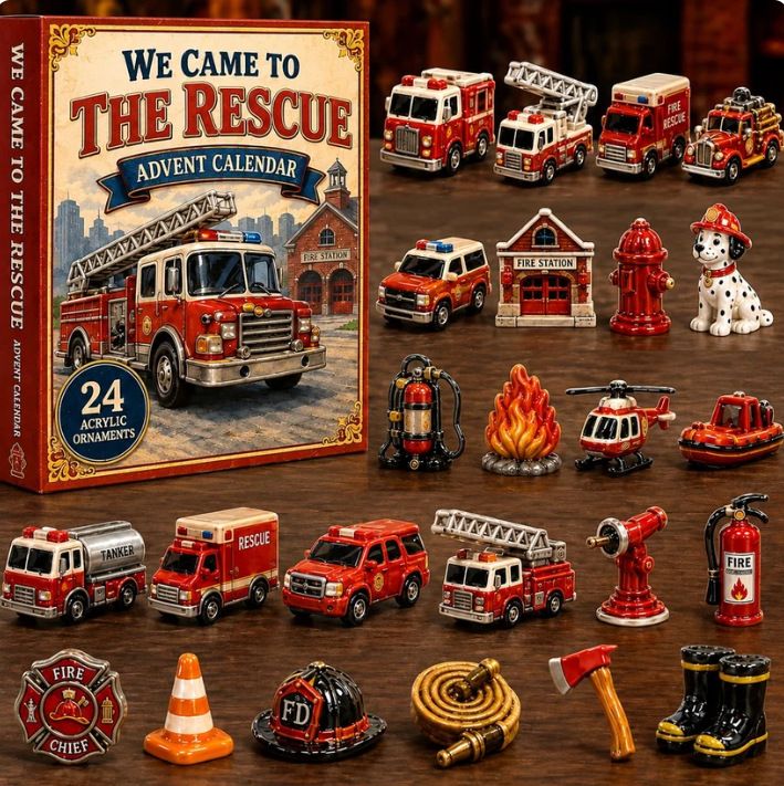 Aerial Ladder Fire Engine 24-Day Surprise Reveal Box Firefighter Station Charm Collection 26x18x3cm 3mm Acrylic Panel Xmas Gift