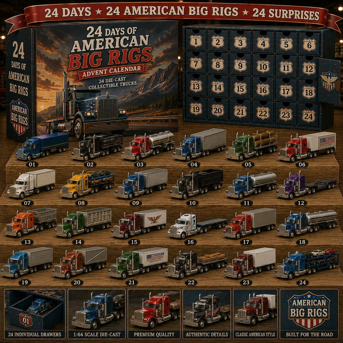 Haul-Fleet Reveal Cabinet 24 Heavy Road Trucks Semi Trailer Models 26x18x3cm 3mm Acrylic Slots Countdown Keepsake