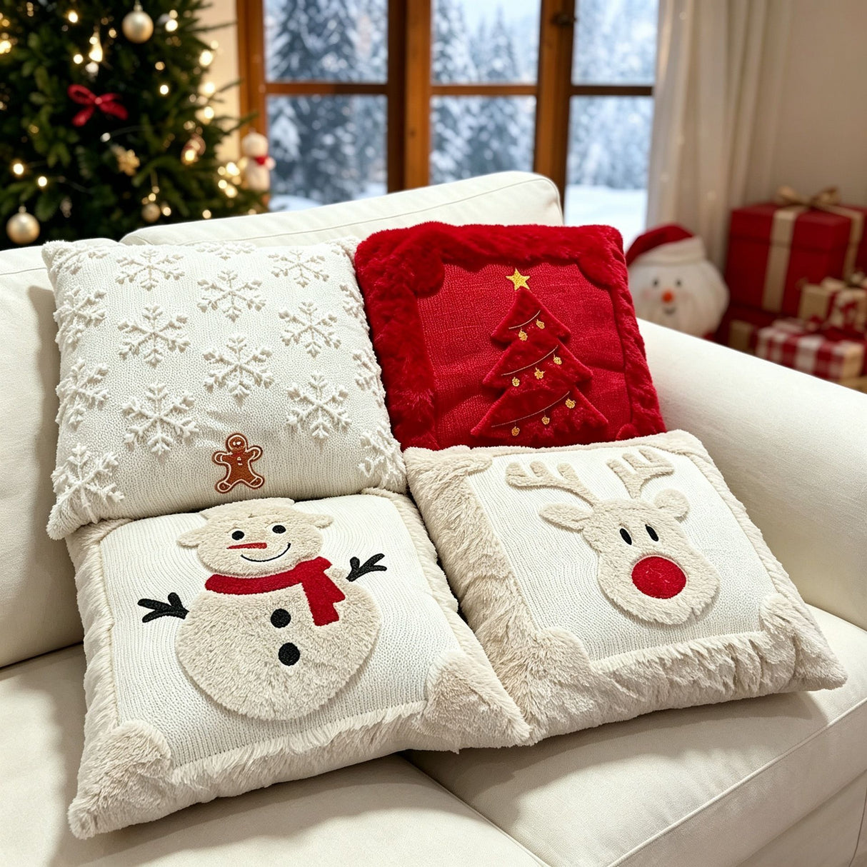 Set of 2 Christmas Cushion Covers - Off-White Snowflake (Pillow filling not included)
