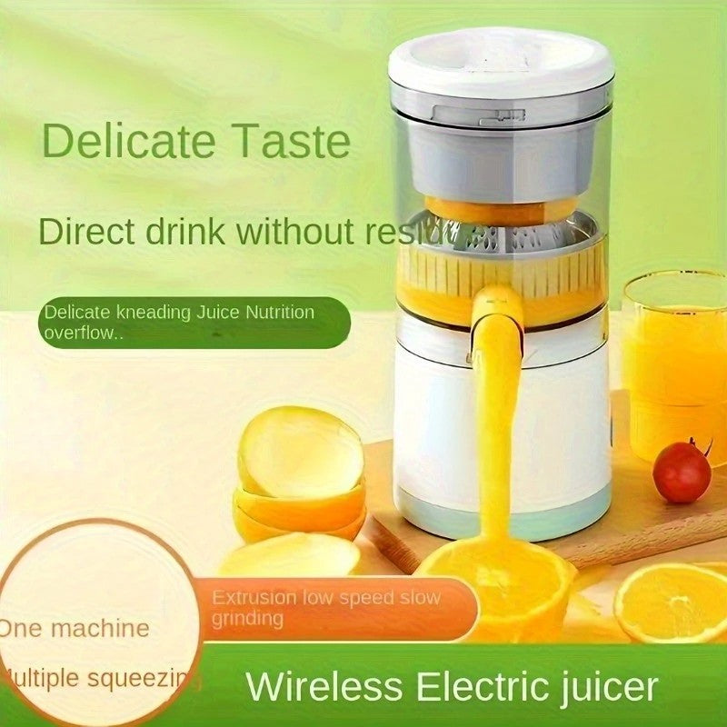New portable USB juicer, powered by a rechargeable lithium battery, extracts juice from oranges, lemons, watermelons, grapes, and other juicy fruits with the press of a button, efficiently separating pulp residue—a versatile kitchen and travel helper.
