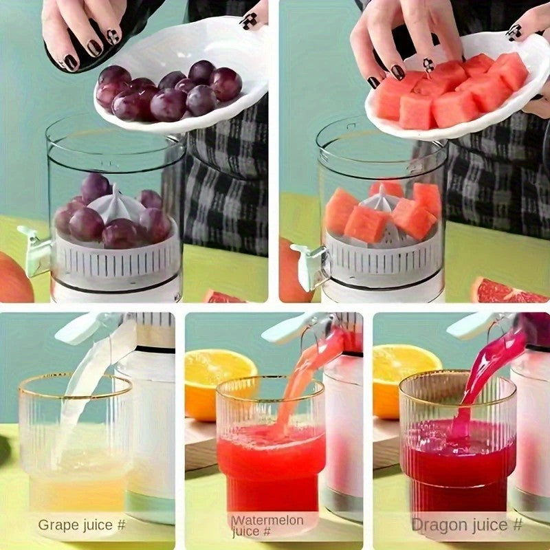 New portable USB juicer, powered by a rechargeable lithium battery, extracts juice from oranges, lemons, watermelons, grapes, and other juicy fruits with the press of a button, efficiently separating pulp residue—a versatile kitchen and travel helper.