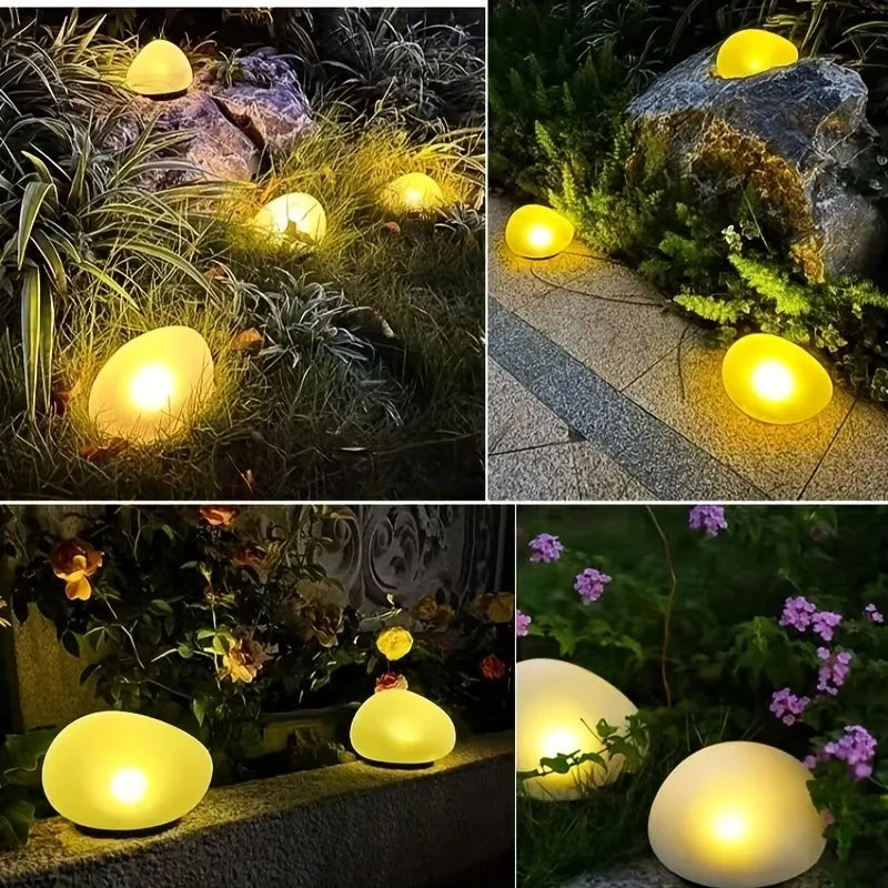 2pcs  solar simulated pebble garden lights, frosted texture blends naturally, smart light control auto on/off, waterproof and weather-resistant, stable placement, ideal for garden, lawn, pathway, and landscape lighting.*white light