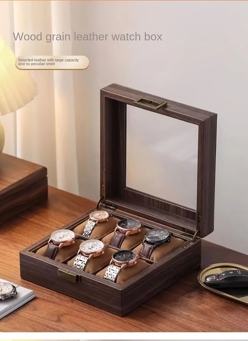 Wood Grain Faux Leather Watch Storage Box - 6-Compartment Dustproof Display Case, Soft Lined Interior, Hinged Flip-Top Lid, Suitable for Home and Retail Use, Decorative Storage Box